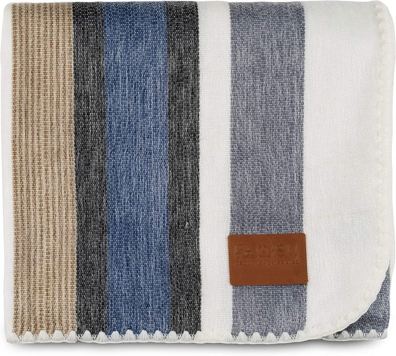 QISU Alpaca Wool Blanket Throw | Large, Beautiful, Warm, Stripe | 85 x 65 inches | Ultra-Soft, Hypoallergenic and Breathable | Non-Itchy or Scratchy Fabric (Brown Blue Grey White) - Image 1